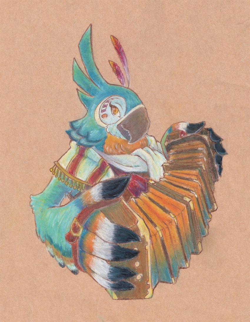 1boy, accordion, beak, bird, bird_boy, blue_feathers, feathers, furry