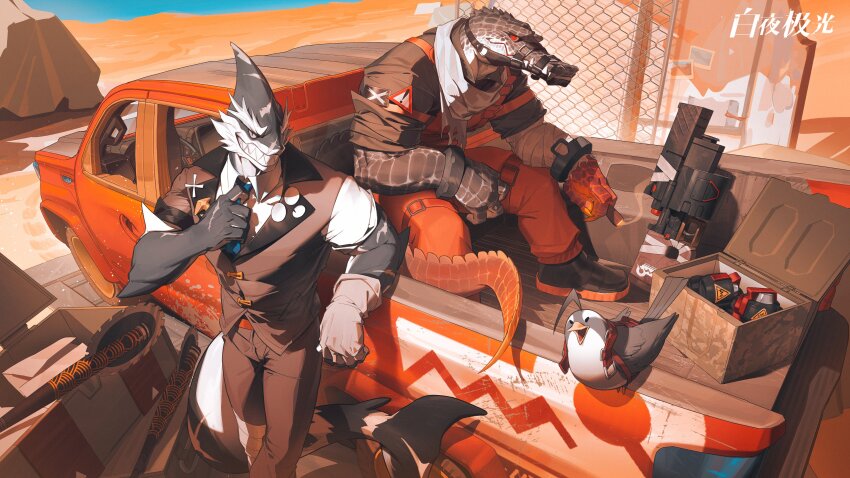 1girl, 2boys, absurdres, alchemy_stars, artillery, bekk_(alchemy_stars), cigar, desert