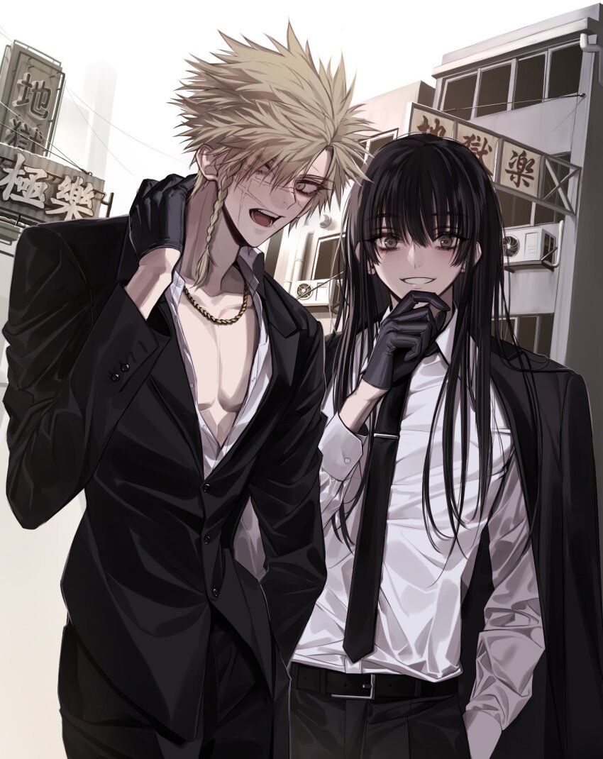 2boys, aza_choubei, aza_touma, black_coat, black_gloves, black_hair, black_jacket, black_necktie