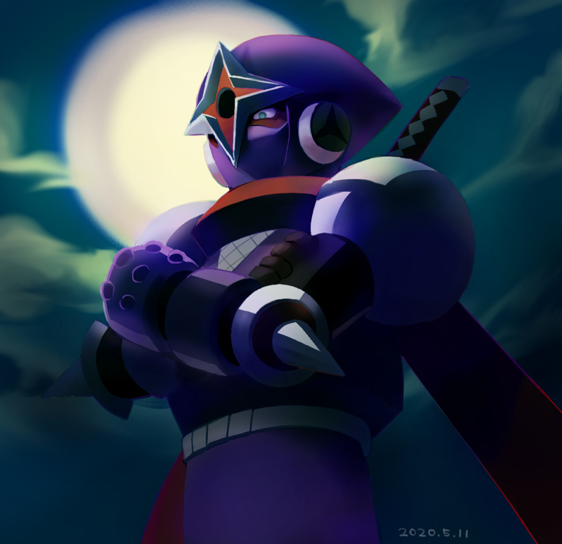 1boy, cloud, cloudy_sky, commentary_request, crossed_arms, full_moon, green_eyes, katana, male_focus, mask, mega_man_(series), mega_man_battle_network, mega_man_battle_network_(series), moon, mouth_mask, night, ninja, ninja_mask, outdoors, scarf, shadowman.exe, sky, solo, sword, tsuchibori, weapon