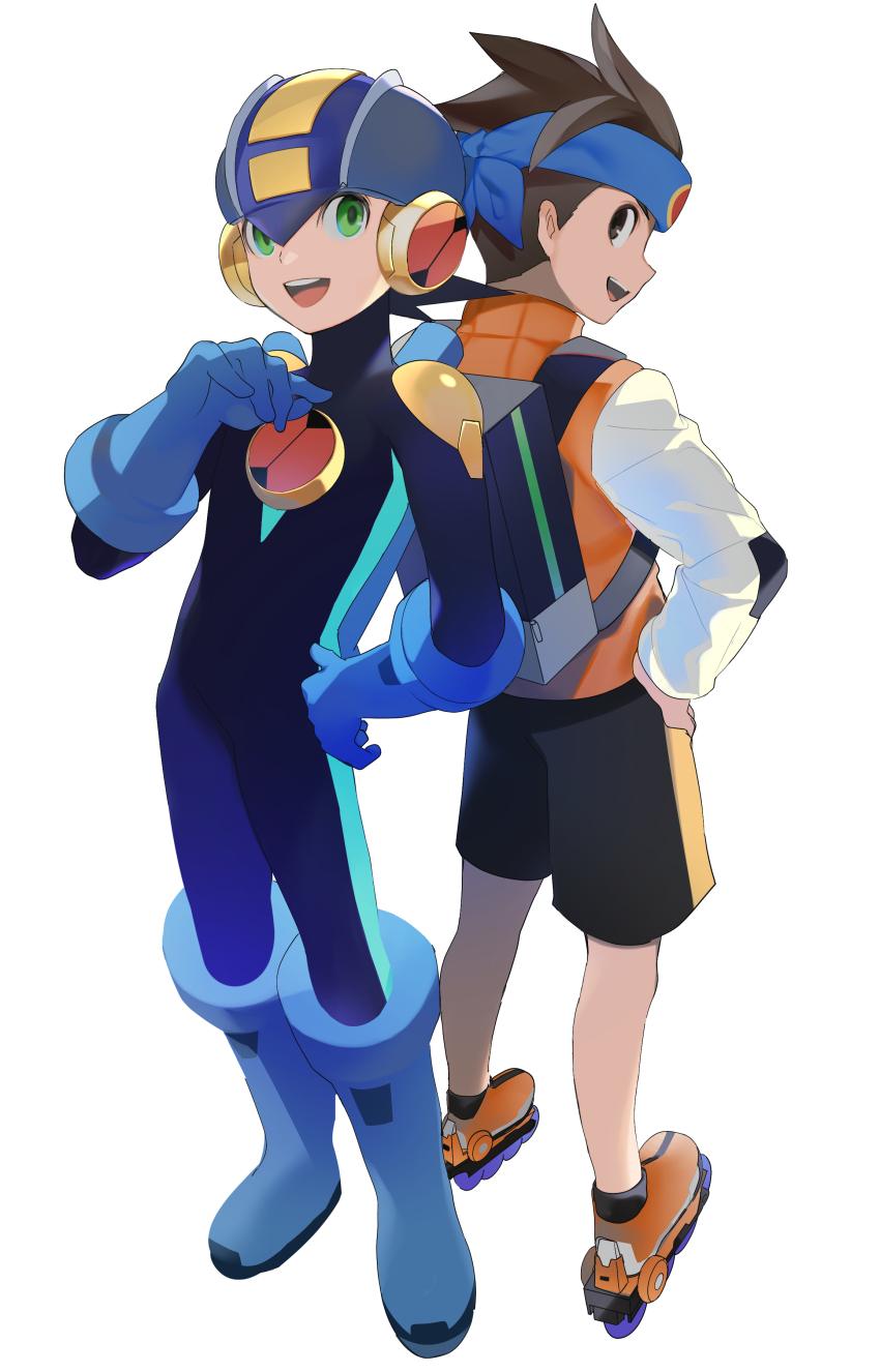 2boys, absurdres, bag, bandana, brown_eyes, brown_hair, commentary_request, green_eyes, helmet, highres, lan_hikari_(mega_man), long_sleeves, looking_at_viewer, male_focus, mega_man_(series), mega_man_battle_network, mega_man_battle_network_(series), megaman.exe, megusuri, multiple_boys, roller_skates, school_bag, short_hair, simple_background, skates, smile, white_background