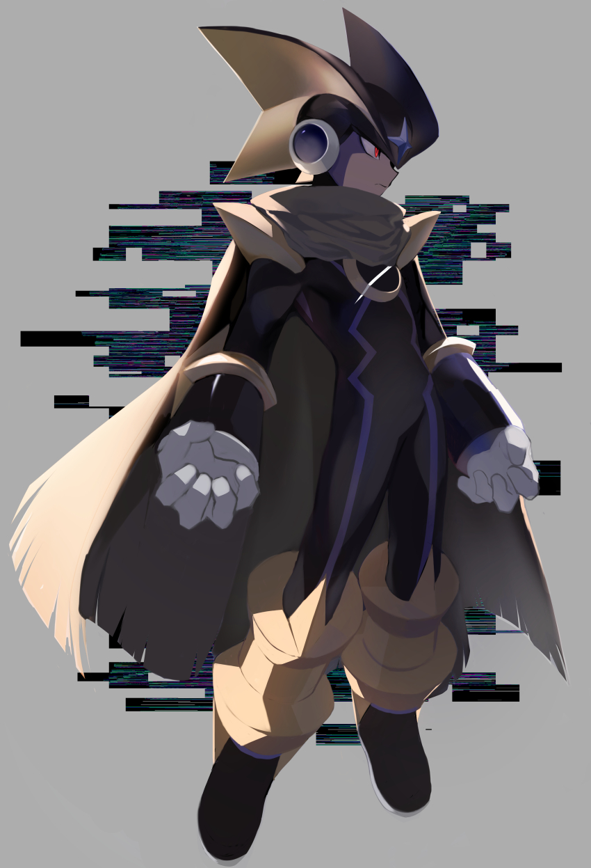 1boy, absurdres, bass.exe_(mega_man), cloak, commentary_request, full_body, gloves, helmet, highres, looking_to_the_side, male_focus, mega_man_(series), mega_man_battle_network, mega_man_battle_network_(series), megusuri, red_eyes, solo, white_gloves