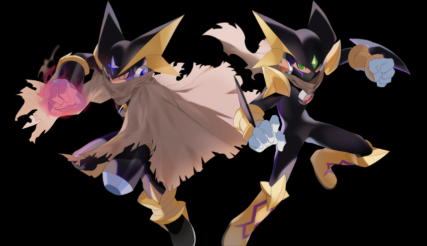 2boys, absurdres, bass.exe_(mega_man), black_background, cloak, commentary_request, covered_mouth, full_body, gem, gloves, green_eyes, helmet, highres, looking_at_viewer, male_focus, mega_man_(series), mega_man_battle_network, mega_man_battle_network_(series), mega_man_battle_network_5, megaman.exe, megusuri, multiple_boys, red_eyes, simple_background, white_gloves