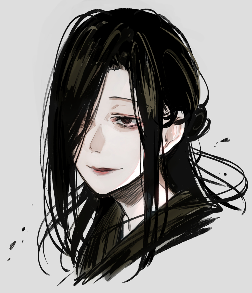 absurdres, black_hair, grey_background, hair_bun, hair_over_one_eye, highres, jigokuraku, light_smile