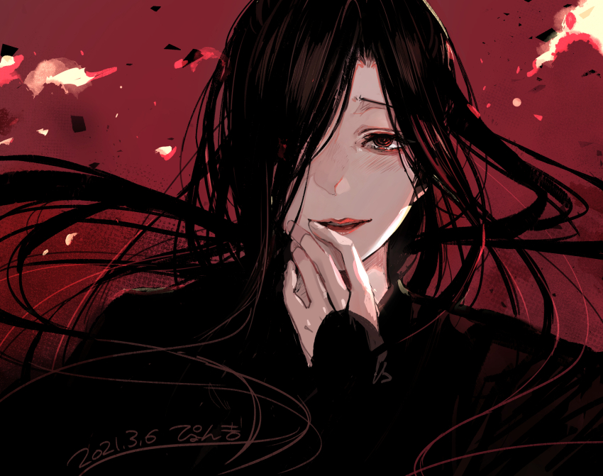 1other, androgynous, black_hair, black_robe, blush, bridal_gauntlets, floating_hair, hair_over_one_eye