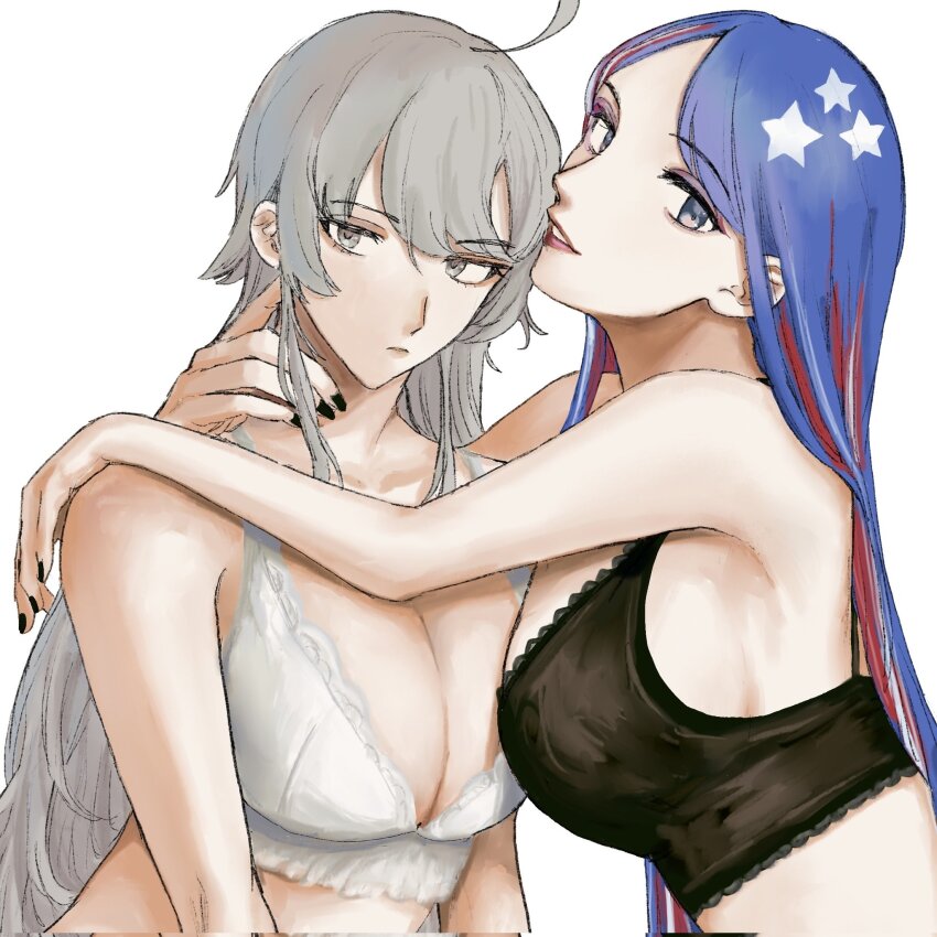 2girls, black_bra, black_nails, blue_hair, bra, breasts, cleavage, closed_mouth