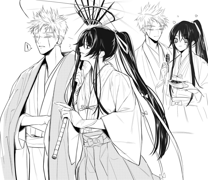 !, 1boy, 1girl, black_hair, blind, blush, bow, bridal_gauntlets, closed_eyes, facing_another, facing_to_the_side, food, greyscale, hair_bow, hakama, haori, high_ponytail, highres, japanese_clothes, jigokuraku, long_hair, looking_at_another, looking_to_the_side, mono1010101, monochrome, ponytail, robe, scar, scar_across_eye, scar_on_face, short_hair, sidelocks, spiked_hair, spoken_exclamation_mark, takoyaki, wagashi, white_hair, white_robe, yamada_asaemon_sagiri, yamada_asaemon_shion