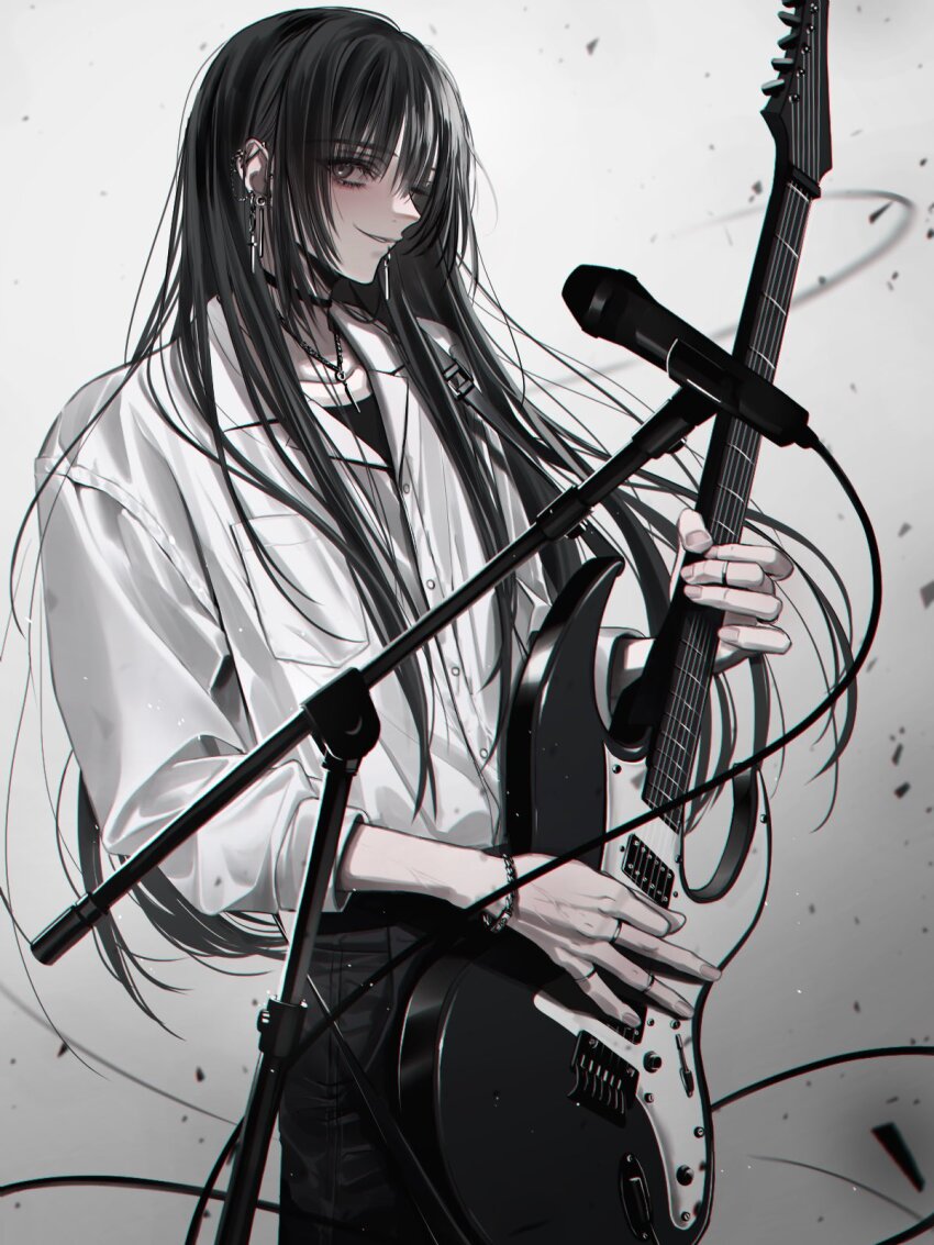 1boy, aza_touma, barbell_piercing, black_choker, black_hair, black_pants, choker, ear_piercing