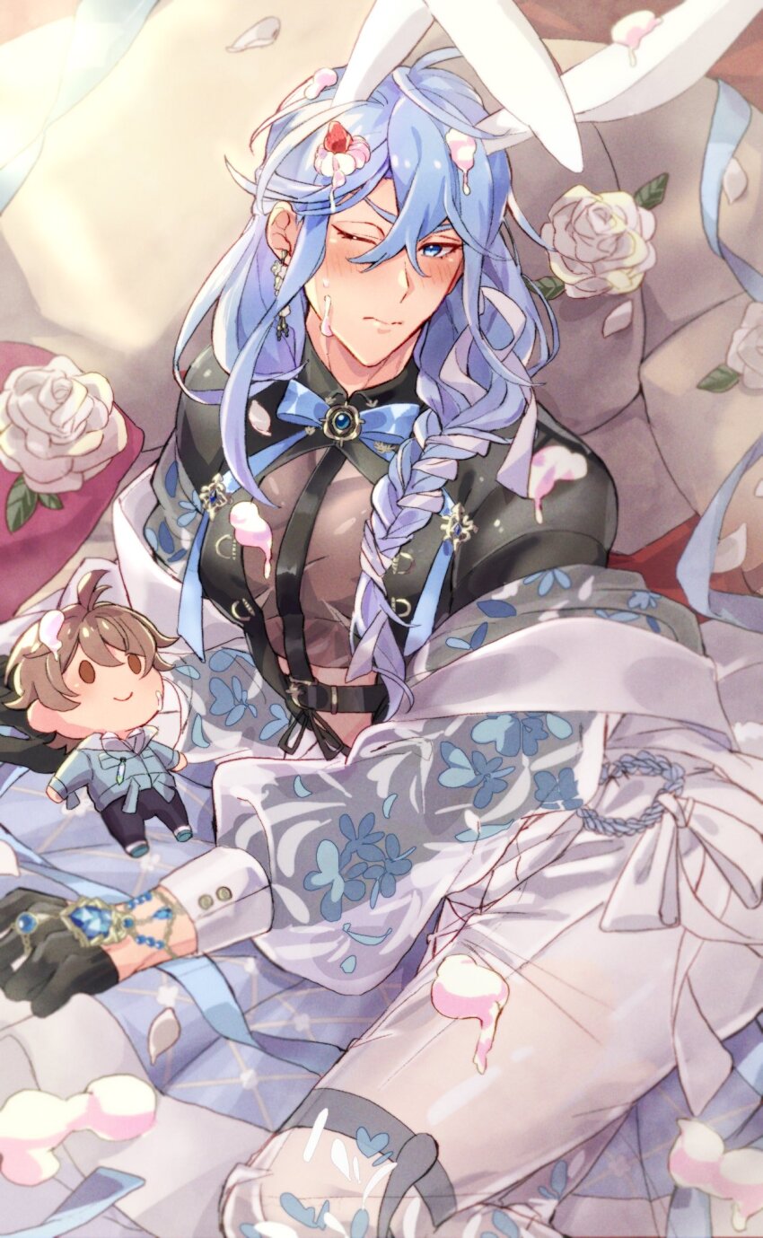 animal_ears, bishounen, black_gloves, blue_eyes, blue_gem, blue_hair, blush, braid, braided_ponytail, character_doll, chest_harness, cream, cream_on_face, doll, earrings, edmond_(nu_carnival), edmond_(spring_chaos)_(nu_carnival), eiden_(nu_carnival), floral_print, flower, food, food_on_face, fruit, gem, gloves, half_gloves, harness, highres, jewelry, light_blue_hair, long_braid, long_hair, long_sleeves, looking_at_viewer, male_focus, miya_(ajt_miya), multicolored_hair, nu_carnival, off_shoulder, official_alternate_costume, one_eye_closed, petals, pillow, rabbit_ears, rose, see-through_clothes, see-through_sleeves, single_braid, single_earring, strawberry, streaked_hair, suggestive_fluid, whipped_cream, white_flower, white_hair, white_petals, white_rose