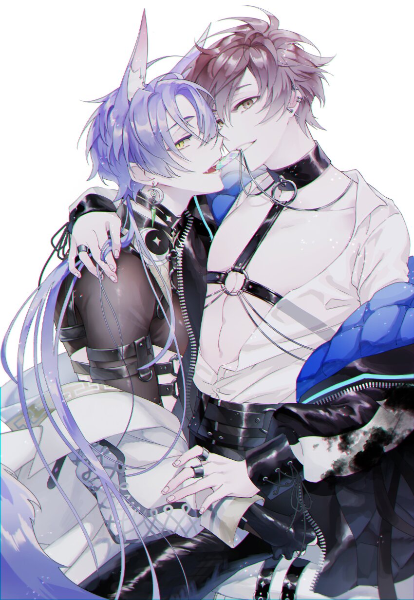 2boys, absurdres, animal_ears, bishounen, bondage_outfit, chest_harness, crescent, crescent_earrings