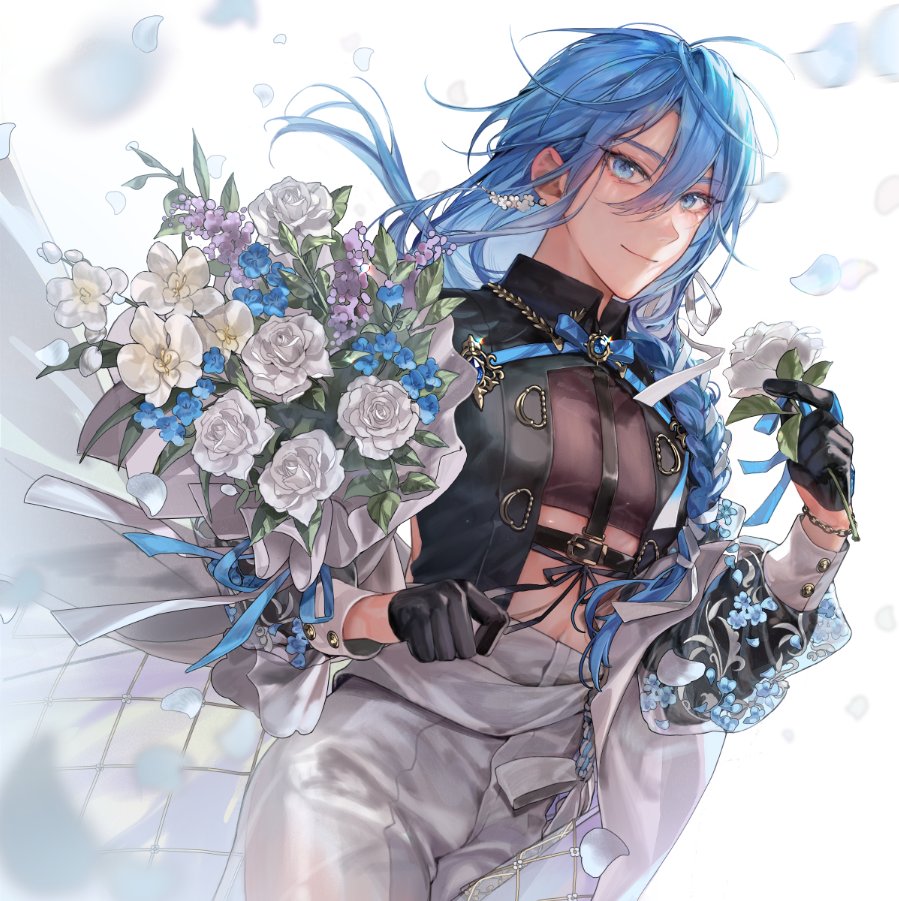 1boy, bishounen, black_gloves, blue_eyes, blue_flower, blue_hair, bouquet, earrings