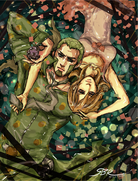 1boy, 1girl, 38legio, beard, blonde_hair, dress, facial_hair, goatee