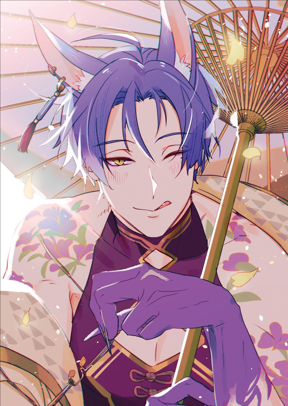 1boy, animal_ears, bishounen, earrings, flower_tattoo, fox_boy, fox_ears, highres