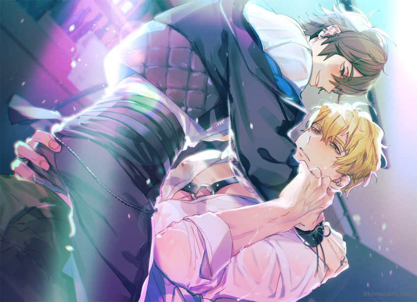 2boys, alternate_costume, ass, bags_under_eyes, bishounen, blonde_hair, bondage_under_clothes, brown_eyes, brown_hair, covered_erect_nipples, grabbing_another's_ass, groping, hug, komekashi_kani, large_pectorals, long_sleeves, looking_at_another, looking_at_viewer, male_focus, multiple_boys, muscular, muscular_male, nu_carnival, off_shoulder, orange_eyes, pectorals, quincy_(nu_carnival), see-through_clothes, see-through_shirt, shirt, short_hair, smile, white_shirt, yaoi