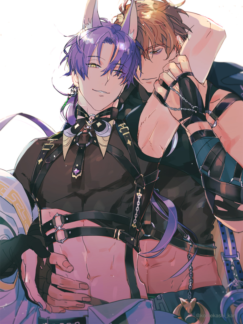 2boys, abs, animal_ears, armpits, bags_under_eyes, bishounen, black_gloves, blonde_hair, fingerless_gloves, fox_boy, fox_ears, gem, gloves, heterochromia, highres, hug, hug_from_behind, komekashi_kani, kuya_(lakeside_spark)_(nu_carnival), kuya_(nu_carnival), long_hair, looking_at_viewer, male_focus, mole, mole_under_eye, multiple_boys, muscular, muscular_male, navel, nu_carnival, orange_eyes, purple_hair, quincy_(distant_promise)_(nu_carnival), quincy_(nu_carnival), short_hair, smile, yaoi, yellow_eyes