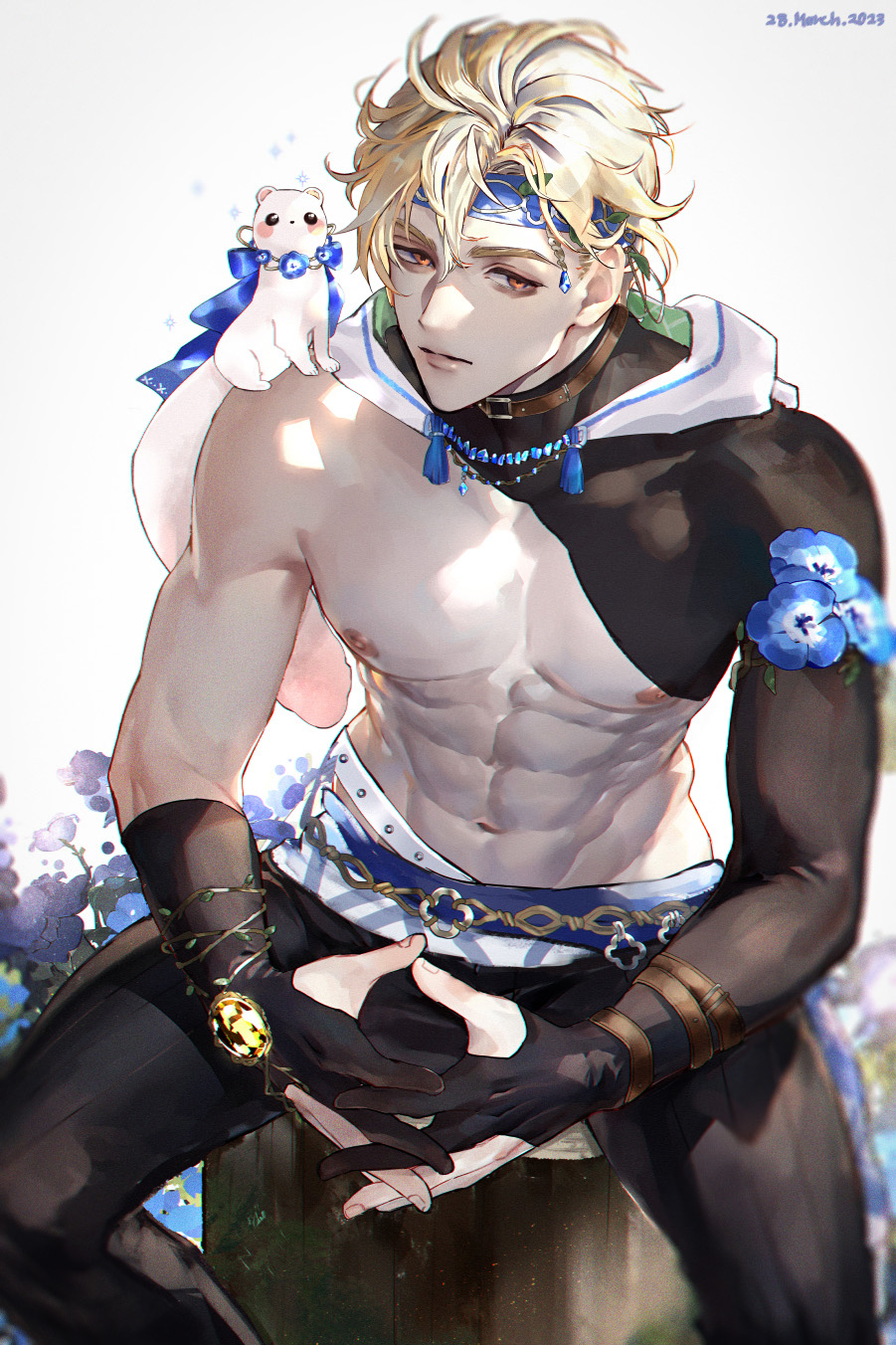 1boy, abs, bags_under_eyes, black_gloves, blonde_hair, blue_headband, ermine, fingerless_gloves