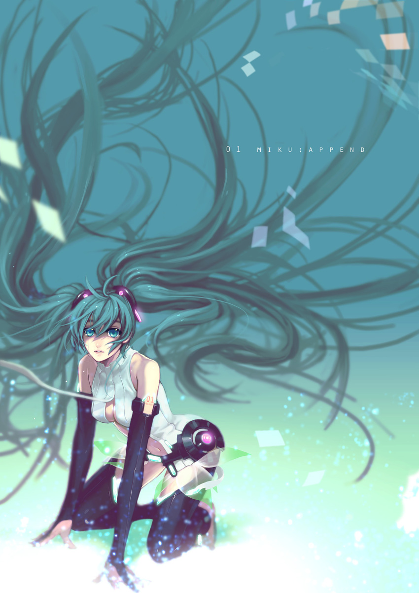 1girl, all_fours, aqua_eyes, aqua_hair, bad_id, bad_pixiv_id, barefoot, bridal_gauntlets