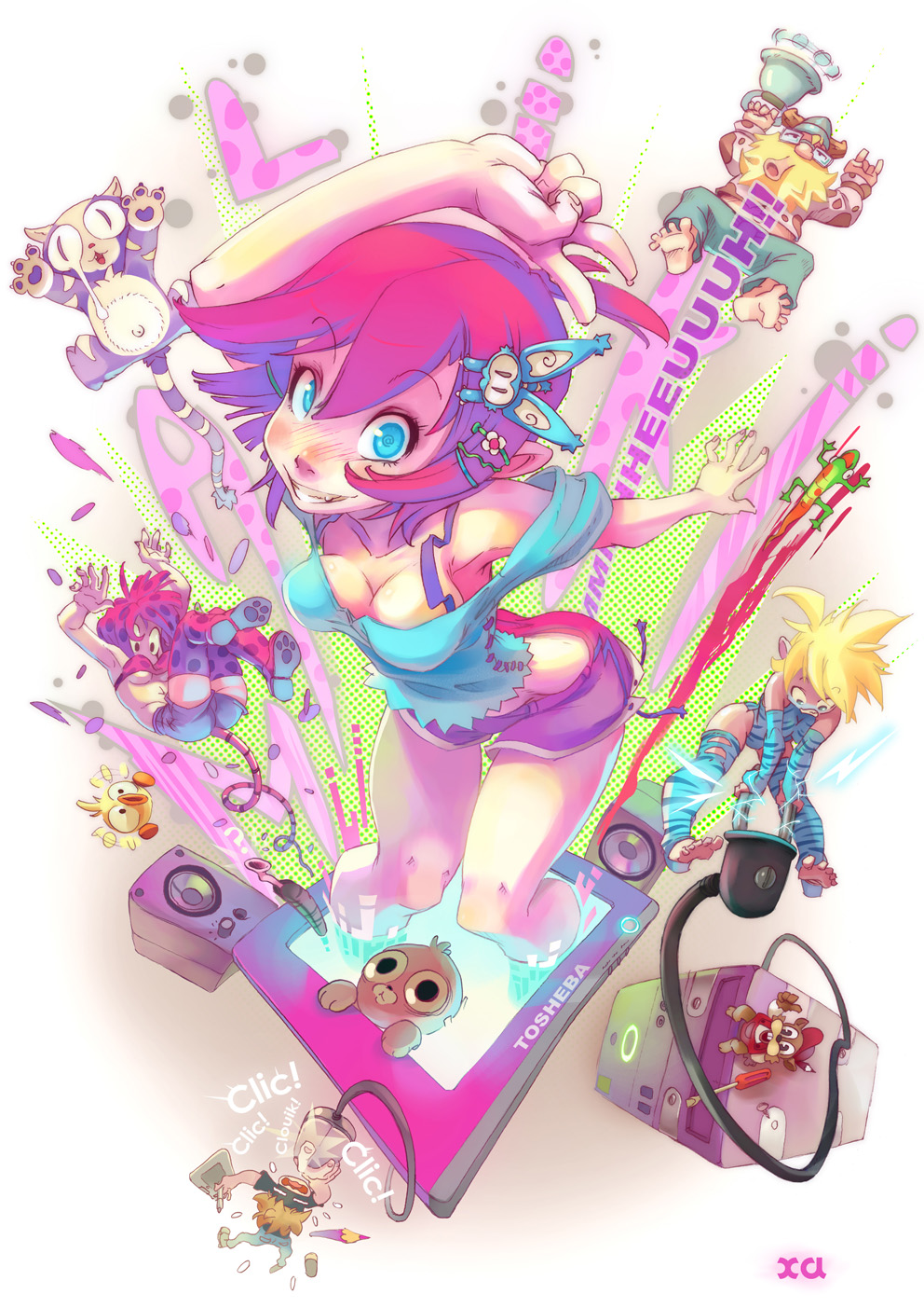 2boys, 3girls, blush, borrowed_character, breasts, cleavage, computer, highres