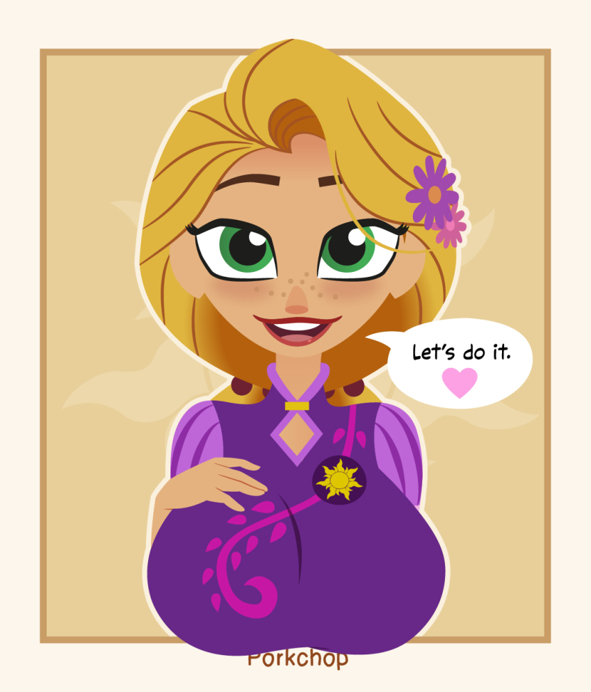 1girl, blonde_hair, blush, breasts, disney, dress, english_text, flower, freckles, green_eyes, hair_flower, hair_ornament, hand_on_own_chest, happy, heart, highres, large_breasts, long_hair, open_mouth, pink_flower, porkchop_(artist), princess, purple_dress, purple_flower, rapunzel's_tangled_adventure, rapunzel_(disney), rapunzel_(fairy_tale), red_lips, short_sleeves, smile, speech_bubble, spoken_heart, sun, tangled, teeth, upper_body, yellow_background