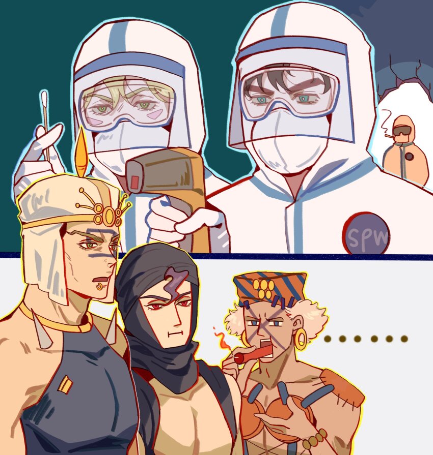 ..., 1girl, 2koma, 5boys, :i, anachronism, battle_tendency, blue_eyes