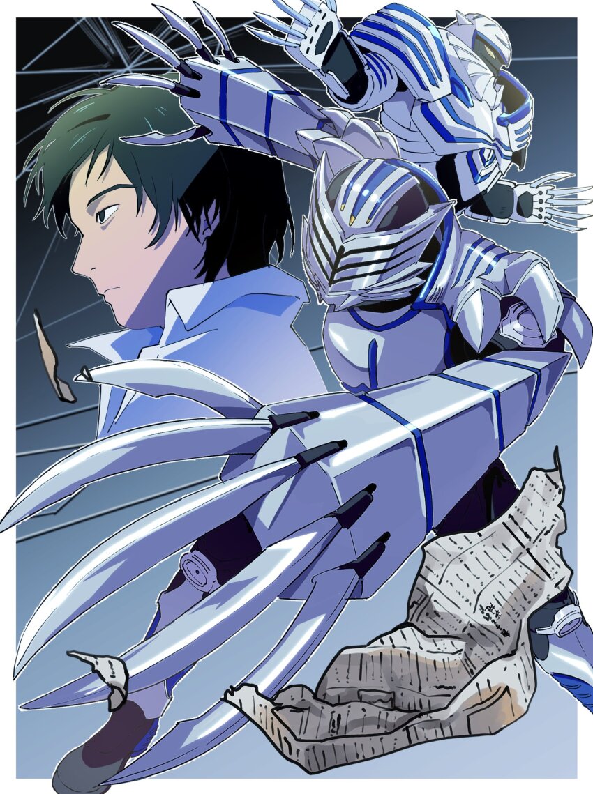 1boy, armor, black_bodysuit, bodysuit, broken_mirror, claws, contract_monster, destwilder