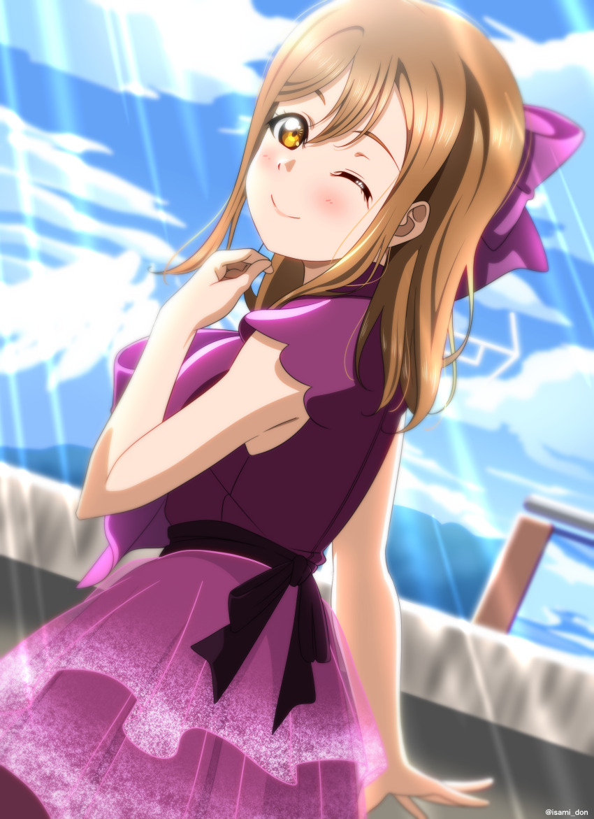 1girl, absurdres, artist_name, blush, bow, brown_eyes, closed_mouth, commentary_request