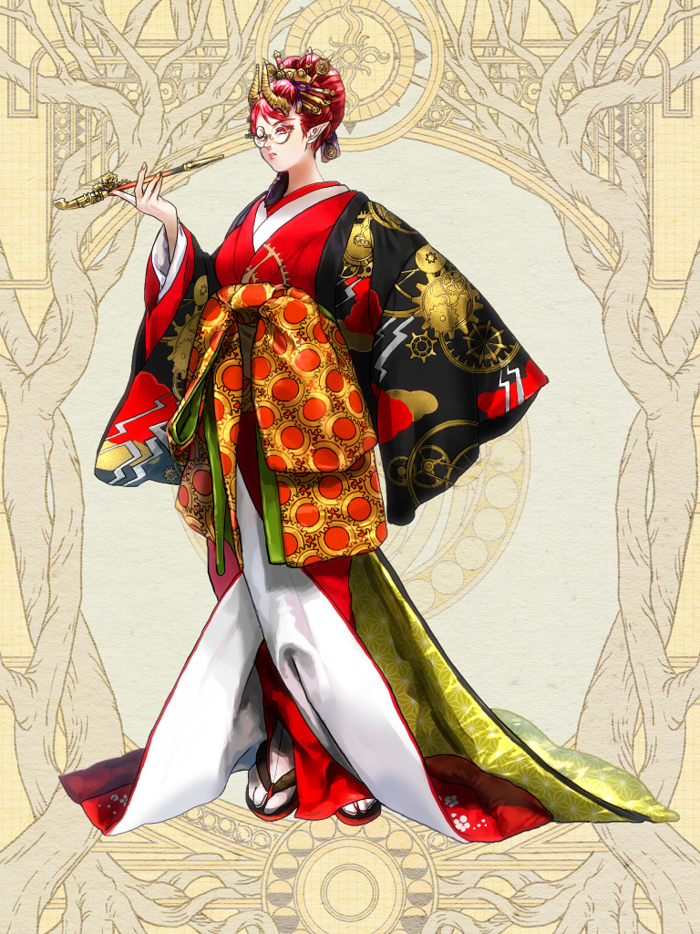 1girl, dairoku_ryouhei, full_body, glasses, hair_ornament, hair_up, horns, japanese_clothes