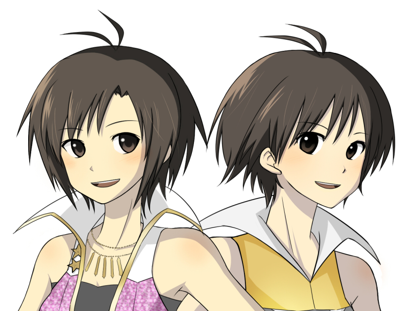 10s, 1girl, antenna_hair, bare_shoulders, blush, brown_eyes, brown_hair, collarbone, idolmaster, idolmaster_(classic), idolmaster_2, jewelry, kikuchi_makoto, looking_at_viewer, luxury_(idolmaster), md5_mismatch, necklace, oheru_(artist), short_hair, simple_background, smile, time_paradox, white_background