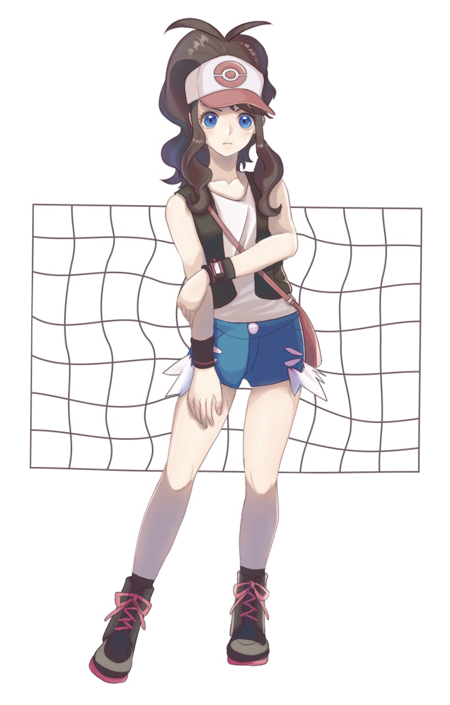 1girl, aqua_shorts, bag, baseball_cap, black_vest, blue_eyes, boots, brown_hair