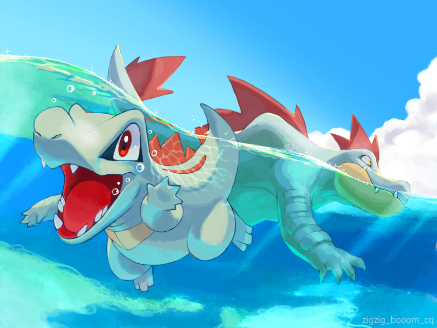 air_bubble, bubble, claws, cloud, commentary_request, day, feraligatr, gen_2_pokemon, highres, nintendo, open_mouth, outdoors, partially_underwater_shot, plankton_(ganoona), pokemon, red_eyes, sharp_teeth, sky, teeth, tongue, totodile, watermark