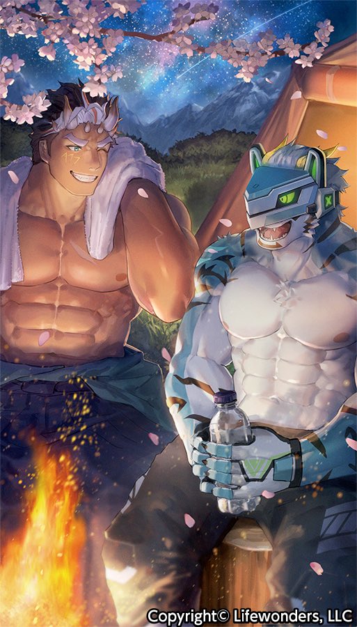 2boys, abs, aqua_fur, bara, black_hair, blue_eyes, bottle, campfire