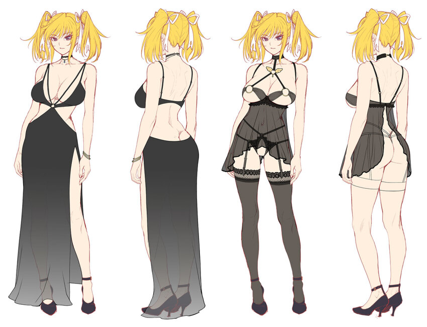 1girl, alternate_costume, ass, bare_shoulders, black_dress, blonde_hair, blue_eyes, blush