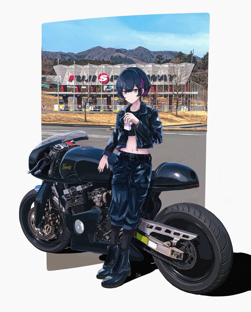 1girl, absurdres, belt, black_belt, black_footwear, black_hair, black_jacket, black_pants