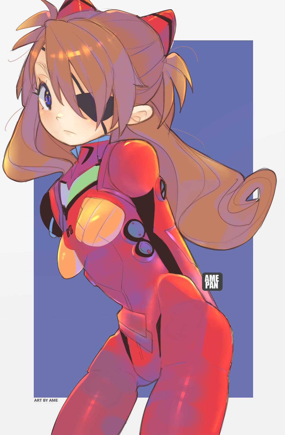 1girl, artist_name, bad_anatomy, blue_background, blue_eyes, bodysuit, border, breasts