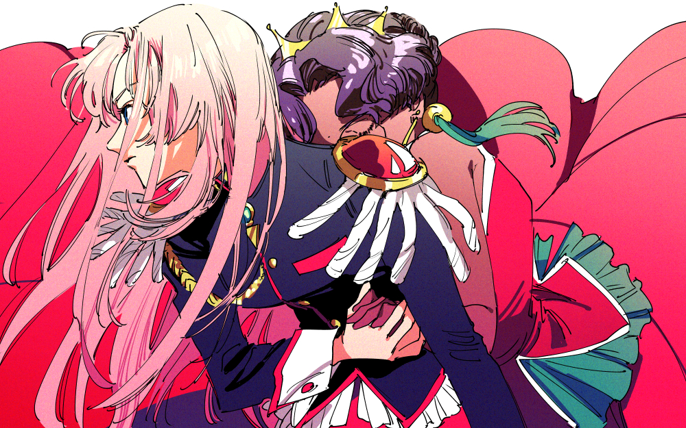 2girls, aiguillette, black_jacket, closed_eyes, crown, dark-skinned_female, dark_skin, dress