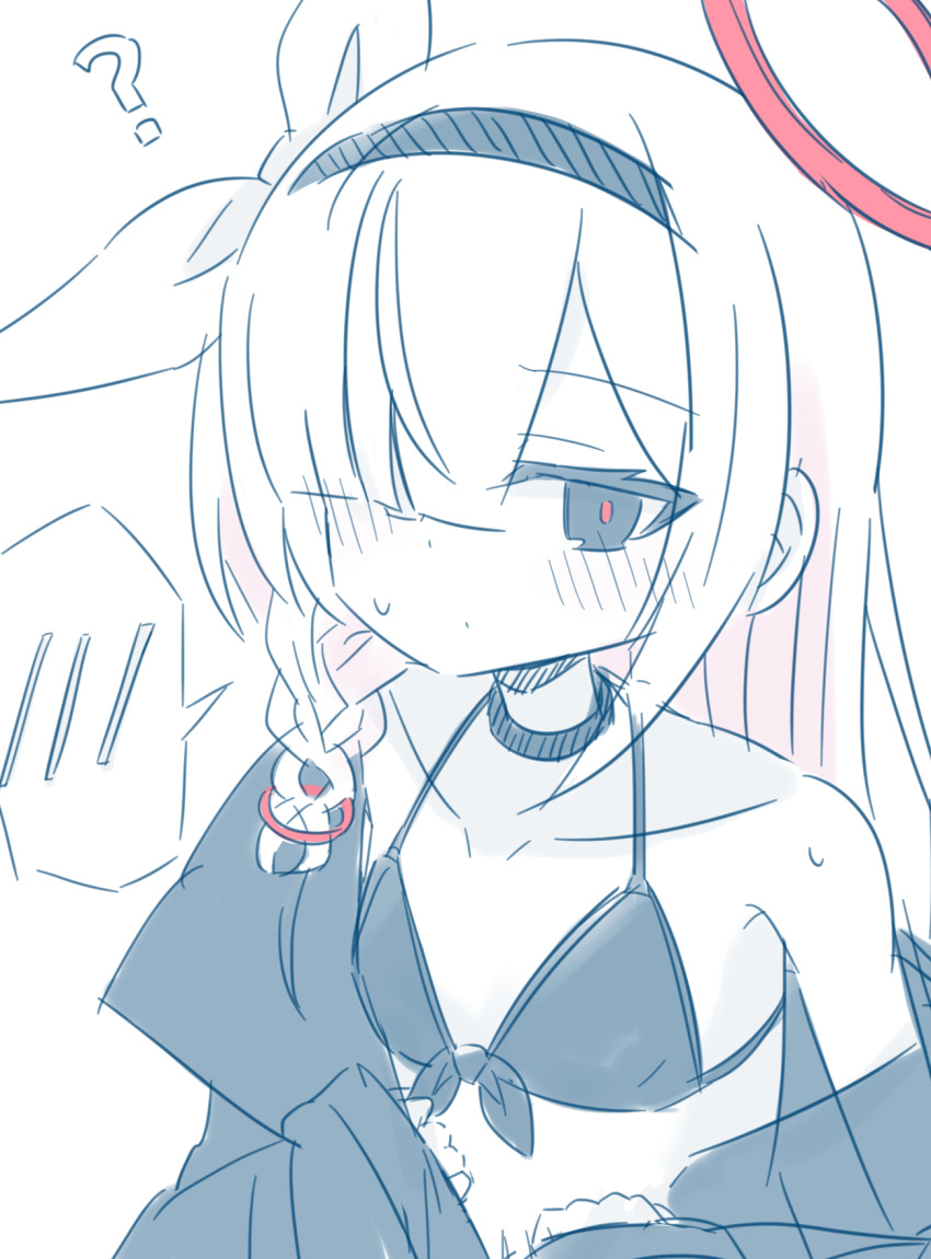 1girl, ?, plana_(blue_archive), bare_shoulders, bikini, bikini_under_clothes, black_bikini, black_choker