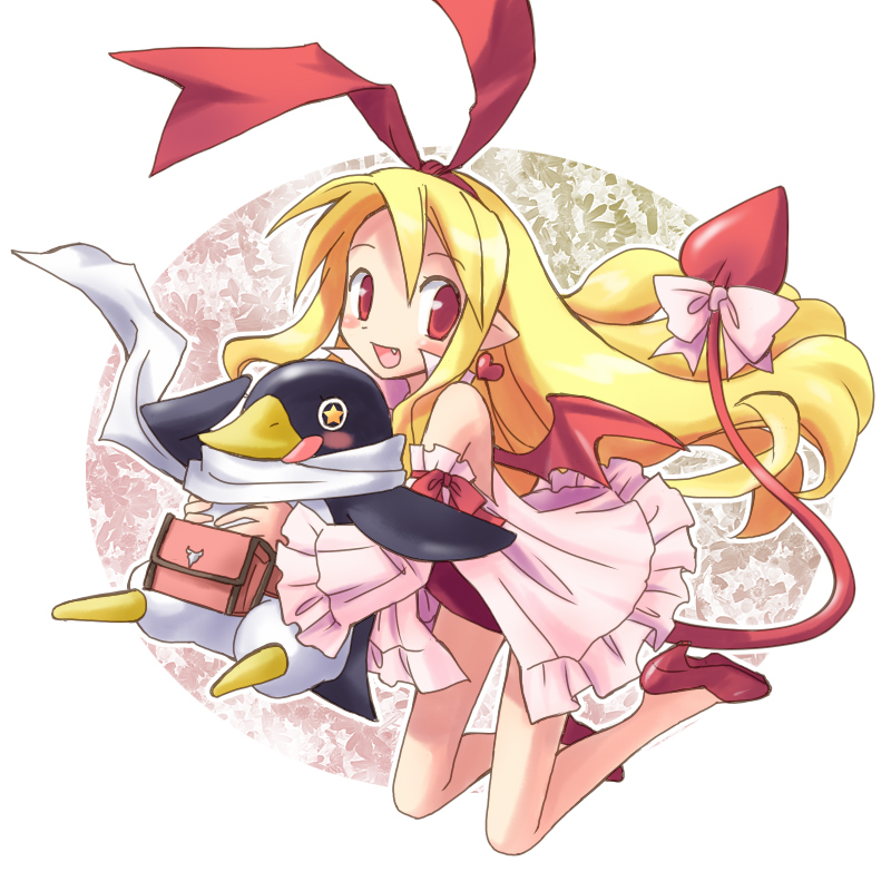 1girl, asagiri_asagi, asagiri_asagi_(prinny), bat_wings, blonde_hair, bow, demon_girl, demon_tail, detached_sleeves, disgaea, fang, flonne, flonne_(fallen_angel), high_heels, karina, long_hair, nippon_ichi, pointy_ears, prinny, red_eyes, ribbon, shoes, tail, tail_bow, tail_ornament, wings