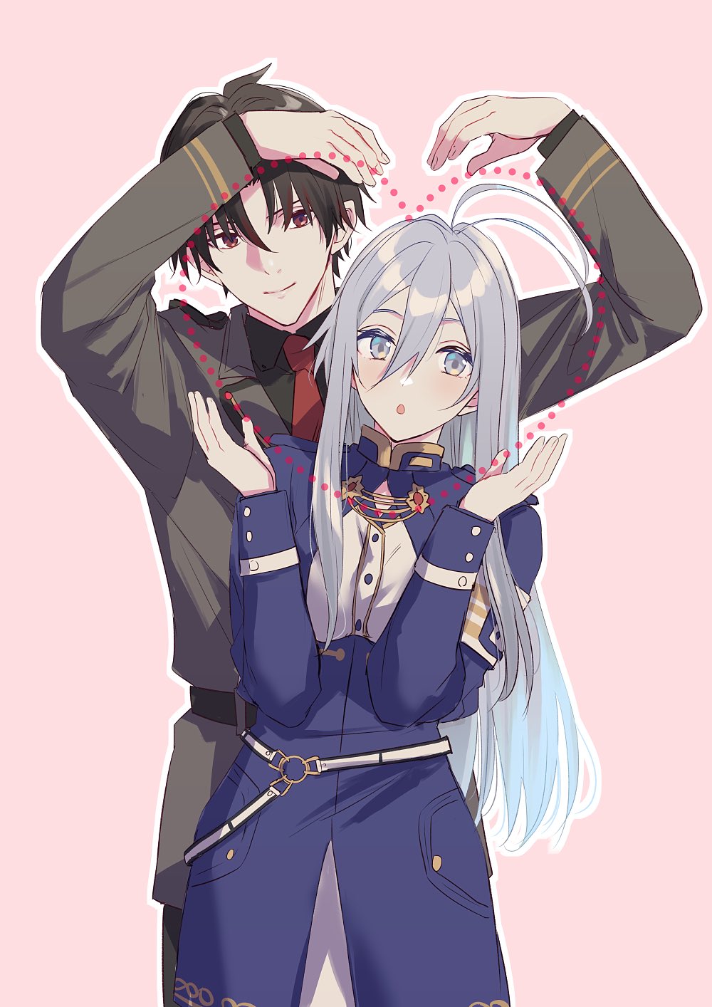 1boy, 1girl, 86_-eightysix-, :o, antenna_hair, arms_up, black_hair, black_shirt