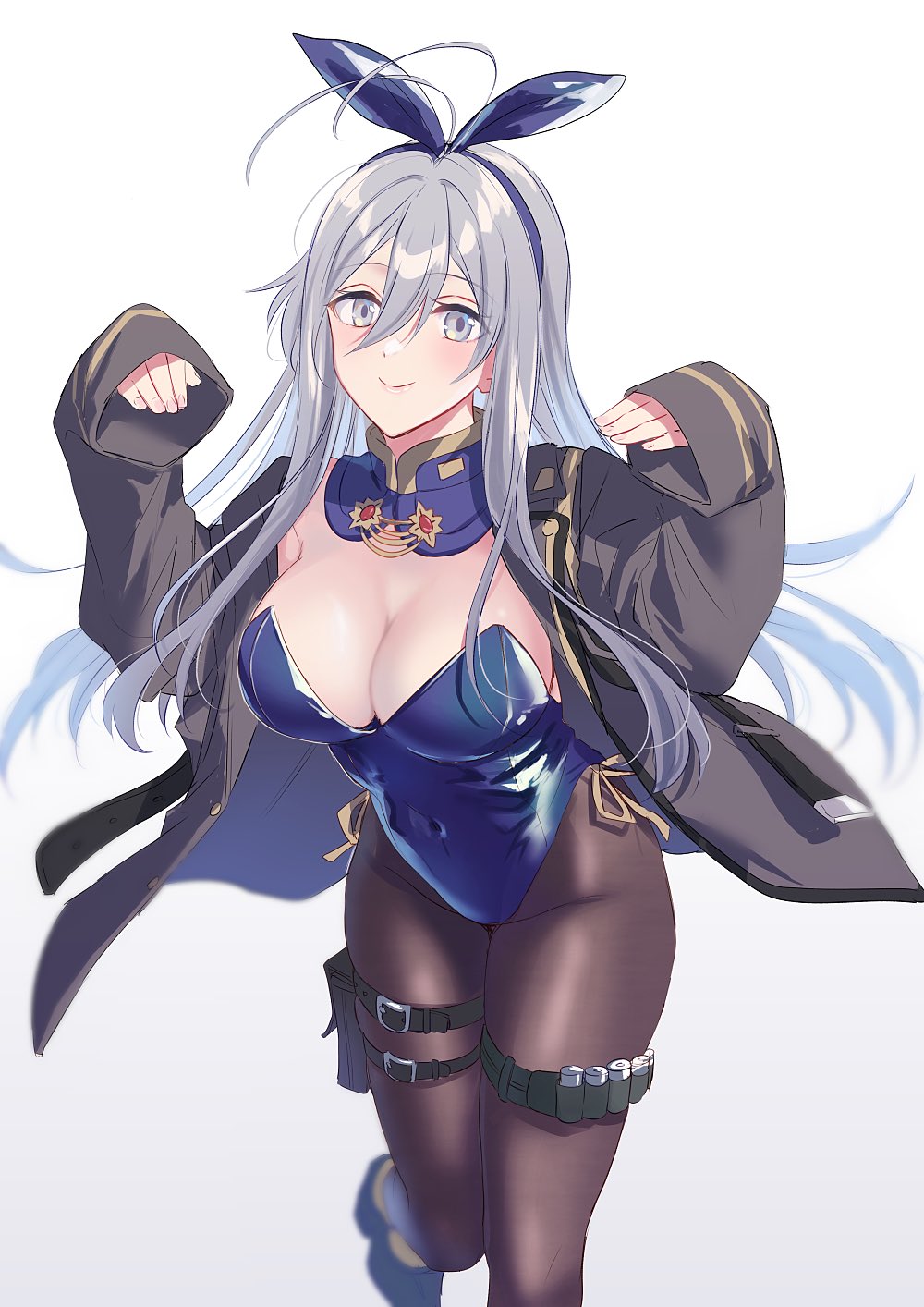 1girl, 86_-eightysix-, alternate_costume, animal_ears, antenna_hair, belt, blue_leotard, borrowed_clothes, breasts, brown_jacket, brown_pantyhose, cleavage, closed_mouth, covered_navel, detached_collar, fake_animal_ears, grey_eyes, grey_hair, hair_between_eyes, hands_up, highres, holster, jacket, large_breasts, leotard, long_bangs, long_hair, long_sleeves, military_jacket, multiple_belts, open_clothes, open_jacket, pantyhose, playboy_bunny, rabbit_ears, rabbit_pose, shoes, shousuke, simple_background, sleeves_past_wrists, smile, solo, standing, standing_on_one_leg, strapless, strapless_leotard, thigh_belt, thigh_holster, thigh_strap, vladilena_millize