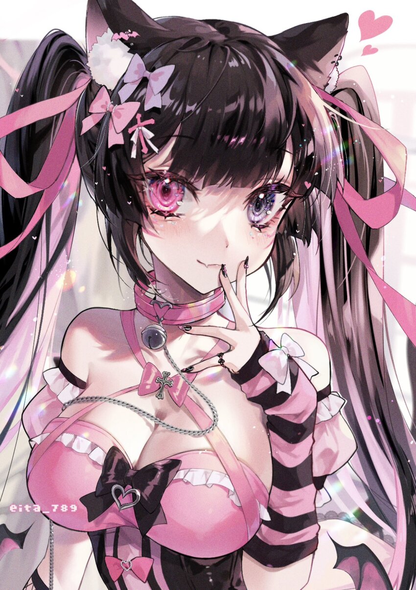 1girl, aegyo_sal, akuradere, animal_ears, bell, black_hair, black_nails, cat_ears