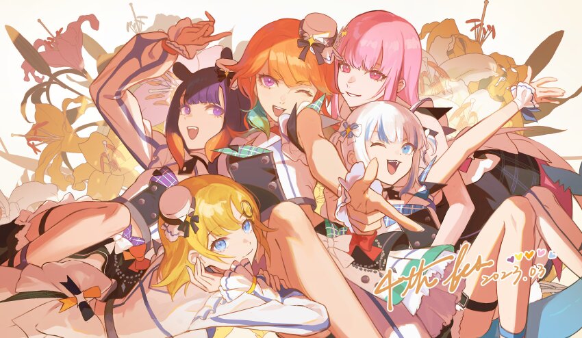 5girls, absurdres, blonde_hair, blue_eyes, blue_hair, fins, fish_tail, flower, gawr_gura, hair_ornament, hat, highres, hololive, hololive_english, holomyth_anniversary_outfit, hololive_idol_uniform_(origin), holomyth, long_sleeves, looking_at_viewer, mori_calliope, multiple_girls, ninomae_ina'nis, one_eye_closed, open_mouth, orange_hair, pink_eyes, pink_hair, pointing, purple_eyes, purple_hair, ryuko_lee, shark_tail, sleeveless, smile, tail, takanashi_kiara, teeth, tentacle_hair, upper_teeth_only, virtual_youtuber, watson_amelia, white_hair, white_headwear