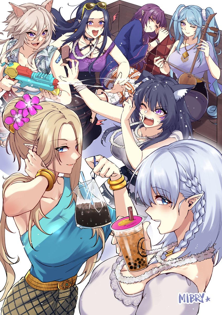 6+girls, alpha_(kagejitsu), alternate_costume, alternate_hairstyle, animal_ears, artist_name, belt, beta_(kagejitsu)