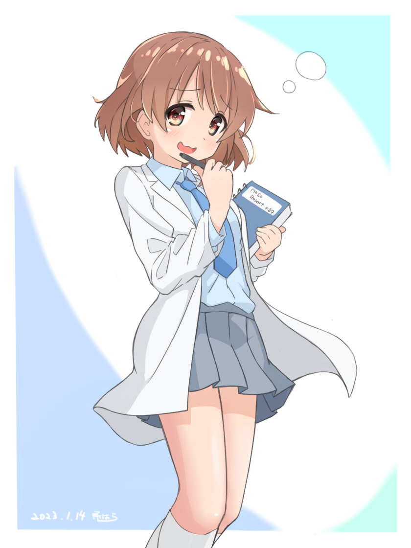 1girl, :d, blue_background, blue_necktie, blue_shirt, blush, border, brown_eyes