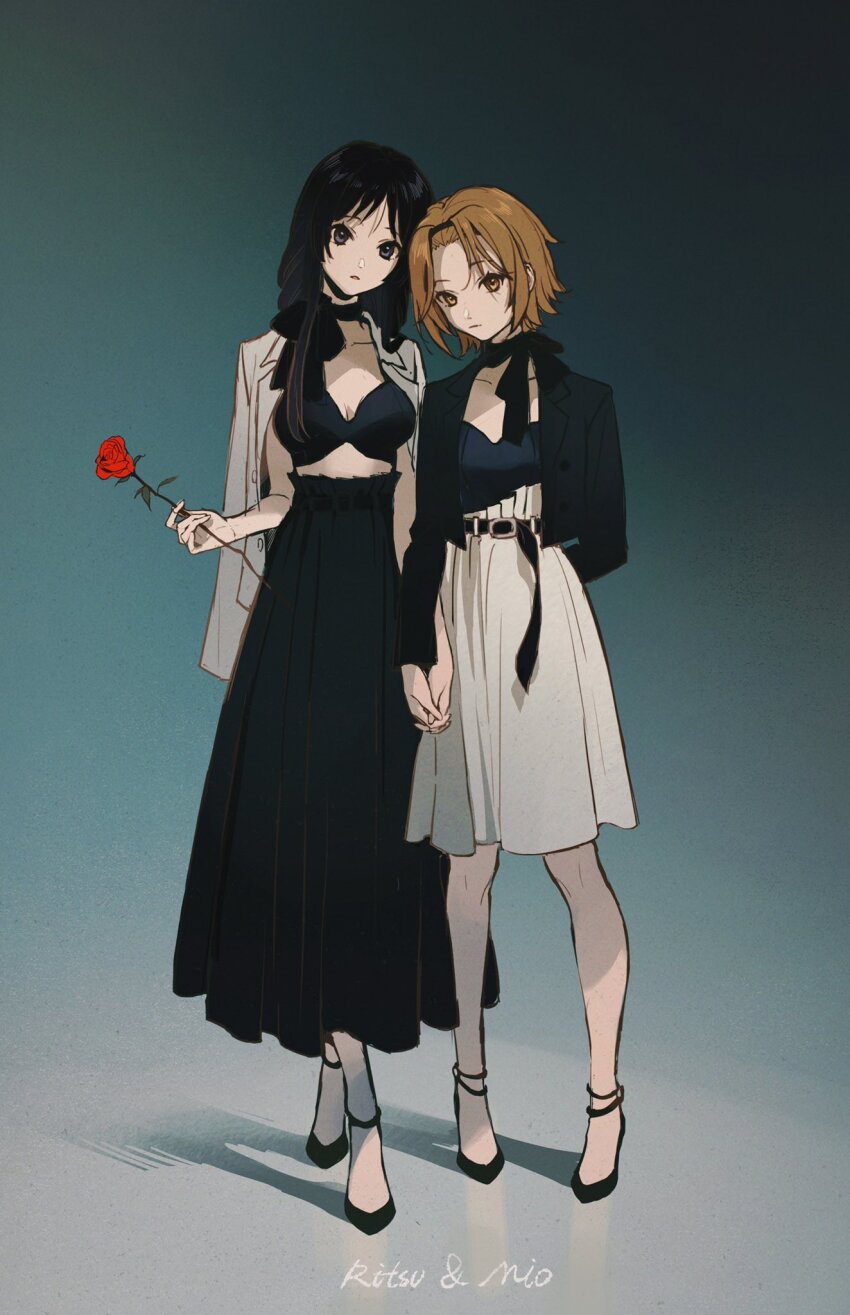 2girls, akiyama_mio, belt, black_belt, black_bra, black_eyes, black_footwear, black_hair