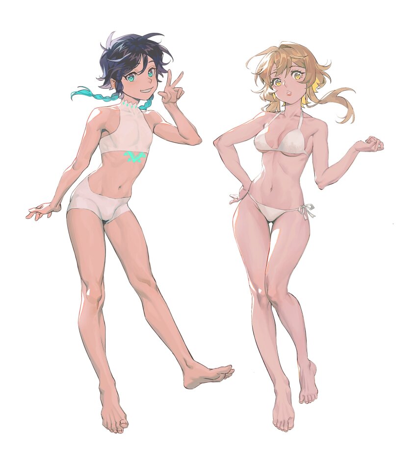 1boy, 1girl, absurdres, barefoot, black_hair, blonde_hair, blue_eyes, blue_hair, boxer_briefs, boxers, bra, breasts, chest_tattoo, chinese_commentary, commentary_request, feet, fridaynightcat, full_body, genshin_impact, gradient_hair, grin, hand_on_own_hip, highres, legs, lumine_(genshin_impact), male_underwear, medium_breasts, multicolored_hair, panties, short_hair_with_long_locks, simple_background, smile, soles, tattoo, toenails, toes, trap, underwear, v, venti_(genshin_impact), white_bra, white_panties, yellow_eyes
