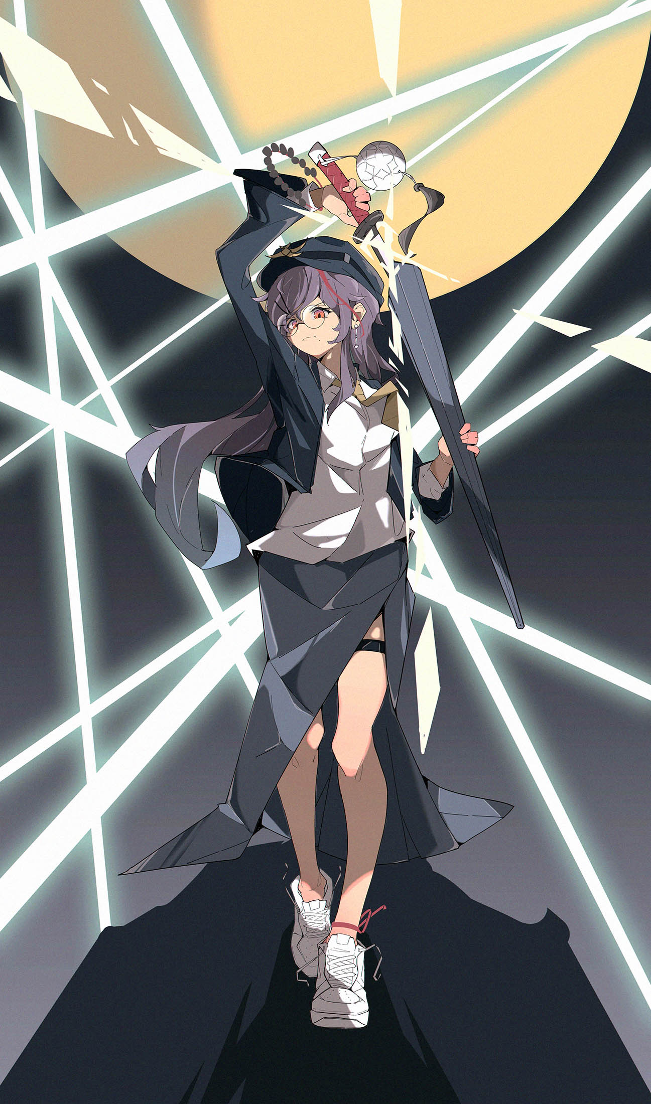 1girl, akafuyu_(arknights), akafuyu_(temperament)_(arknights), arknights, blue_umbrella, devil_may_cry_(series), devil_may_cry_5, earclip, glasses, gloves, hair_ornament, hairclip, hat, highres, holding, long_hair, looking_at_viewer, meme, orange_eyes, postalworks, purple_hair, shoes, sin_devil_trigger, skirt, sneakers, solo, umbrella, vergil_status_(meme)