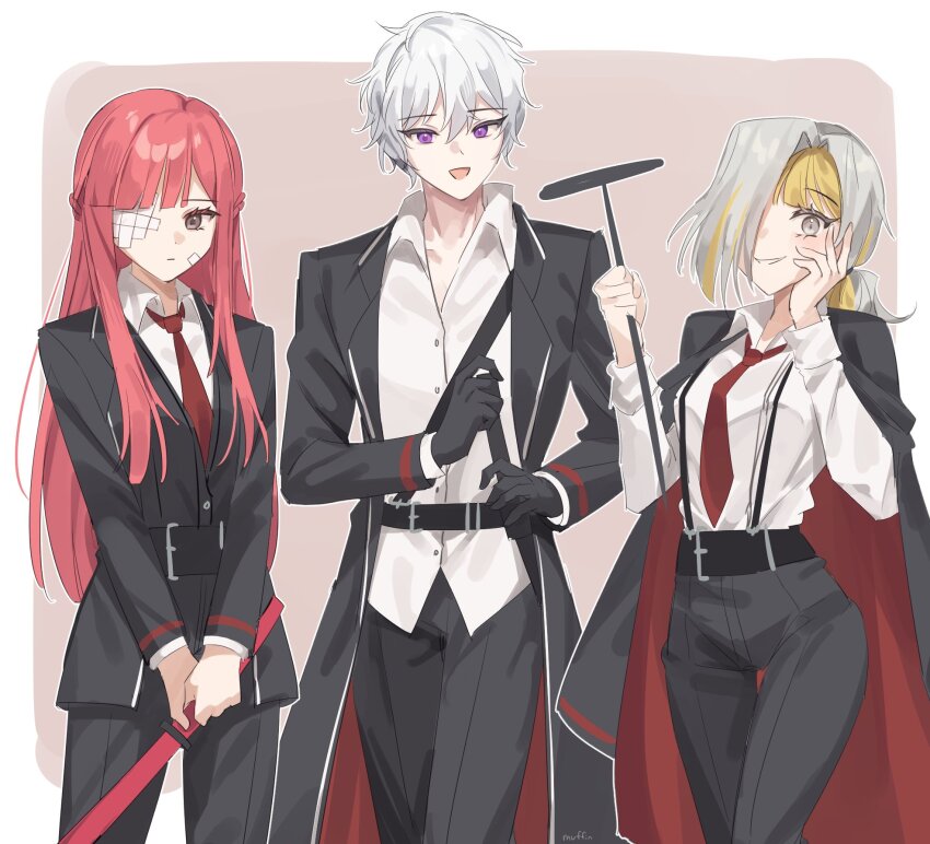 1boy, 2girls, alternate_universe, bandage_on_face, bandage_over_one_eye, bandages, brown_eyes, crazy_smile, gauze, gauze_over_eye, hair_over_one_eye, highres, holding, holding_weapon, jacket, kromer_(project_moon), limbus_company, love_mintchoco, multicolored_hair, multiple_girls, open_clothes, pink_hair, project_moon, purple_eyes, smile, sonya_(project_moon), weapon, white_hair, yuri_(project_moon)