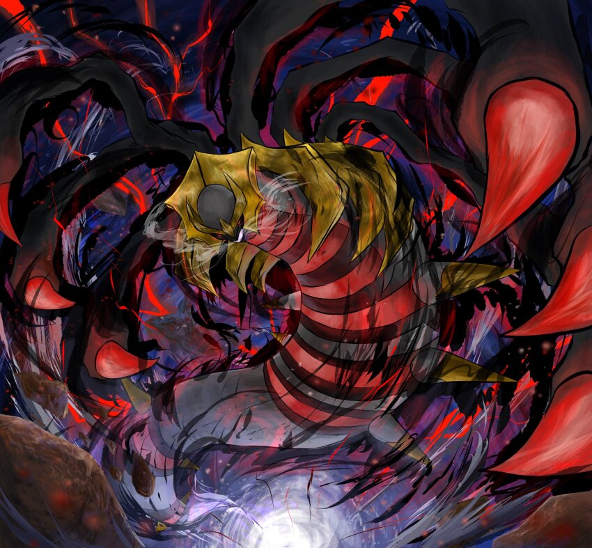 claws, dragon, ekaki_panda, gen_4_pokemon, ghost, giratina, giratina_(origin), highres, legendary_pokemon, nintendo, pokemon, pokemon_(creature), spikes, tail, wings