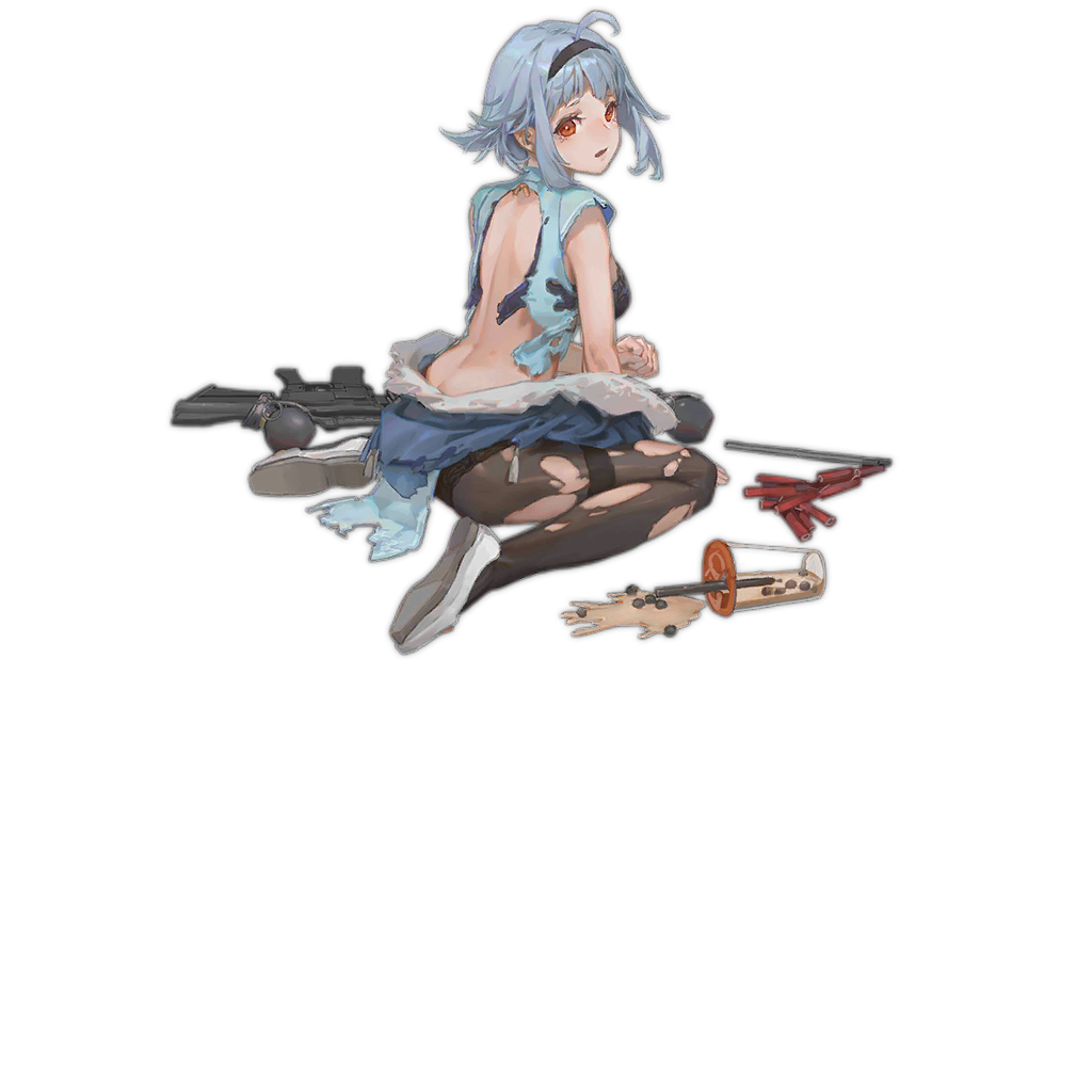 1girl, ahoge, aqua_dress, ass, assault_rifle, back, black_bra, black_hairband