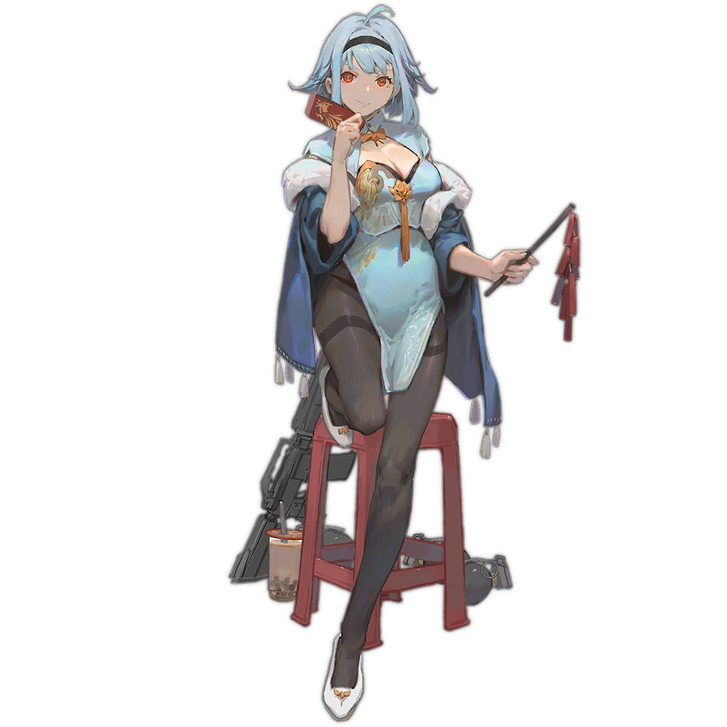 1girl, ahoge, aqua_dress, assault_rifle, black_hairband, black_panties, black_pantyhose, bow